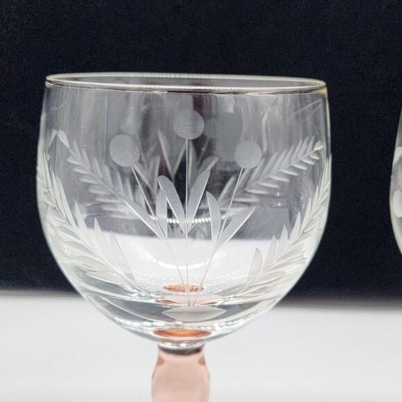Set Of 3 Vintage Etched Glass Goblets With Pink Amber & Blue Stems Floral Design - Picture 4 of 7